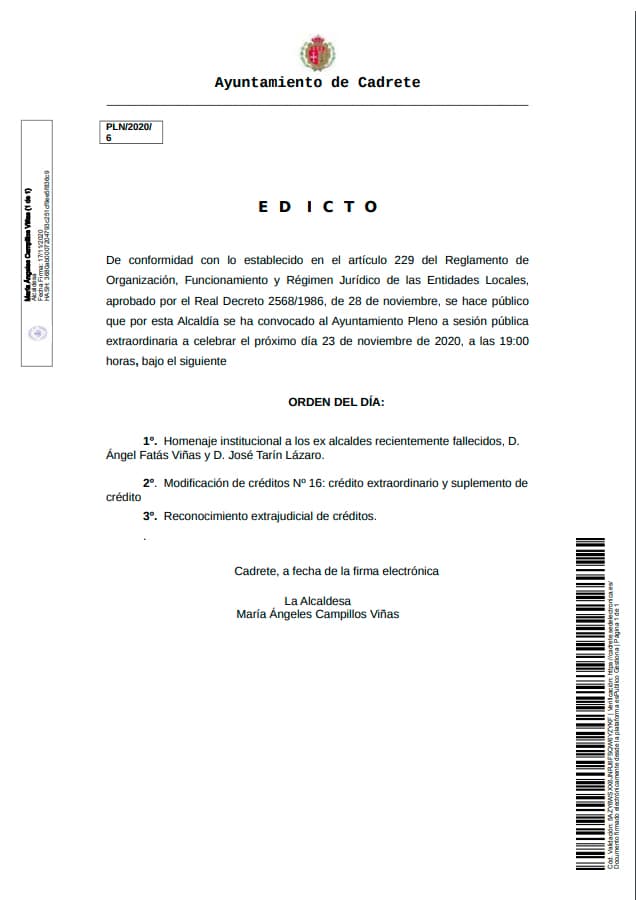 Ayuntamiento de Cadrete edicto pleno 23 noviembre