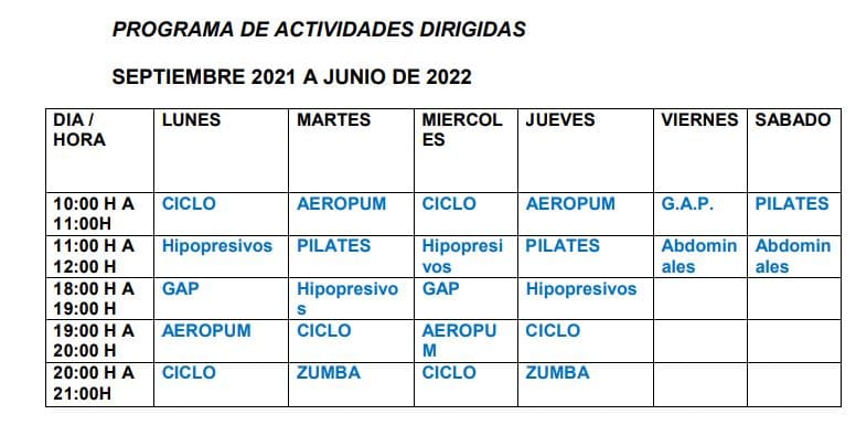 horario de actividades dirigidas del gimnasio de Cadrete