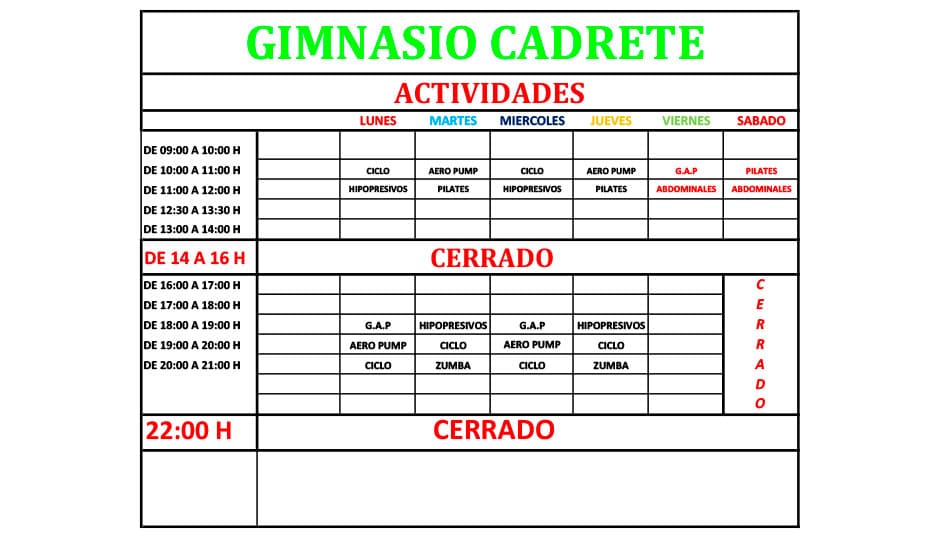 horarios del gimnasio de Cadrete