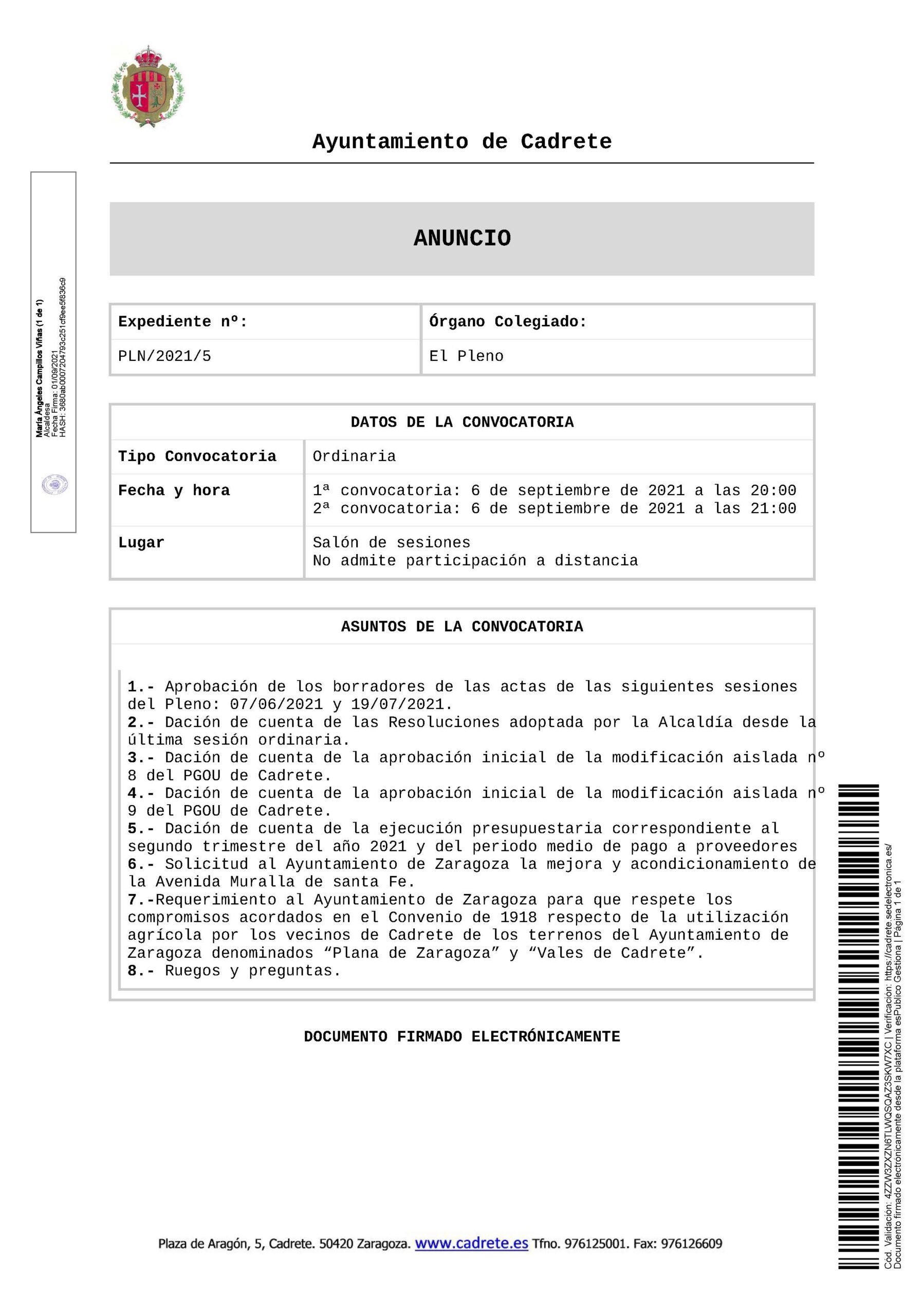 Anunco de pleno convocado po el Ayuntamiento de Cadrete
