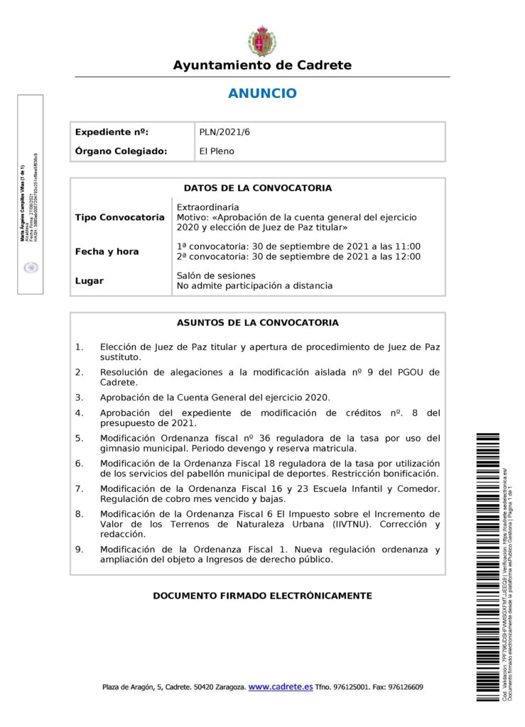 Convocatoria extraordinaria pleno 30 septiembre2021