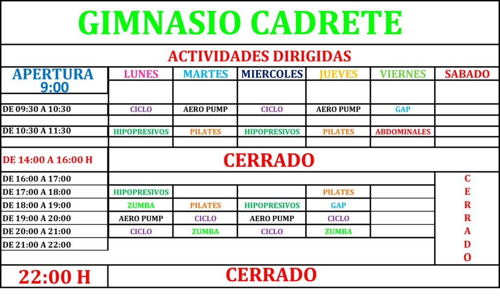 Horario definitivo del gimnasio municipal de Cadrete