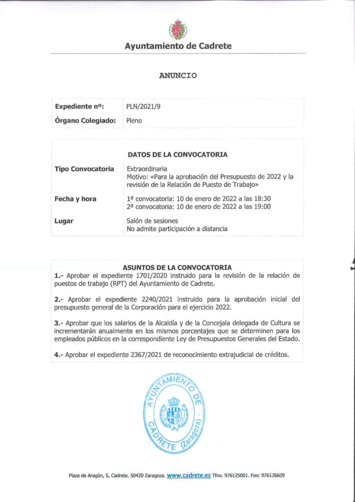 Convocatoria extraordinaria pleno