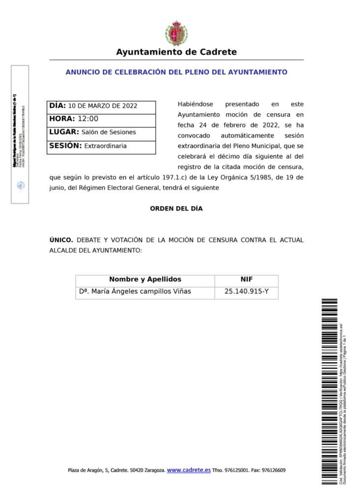 Anuncio de celebración del pleno del ayuntamiento 