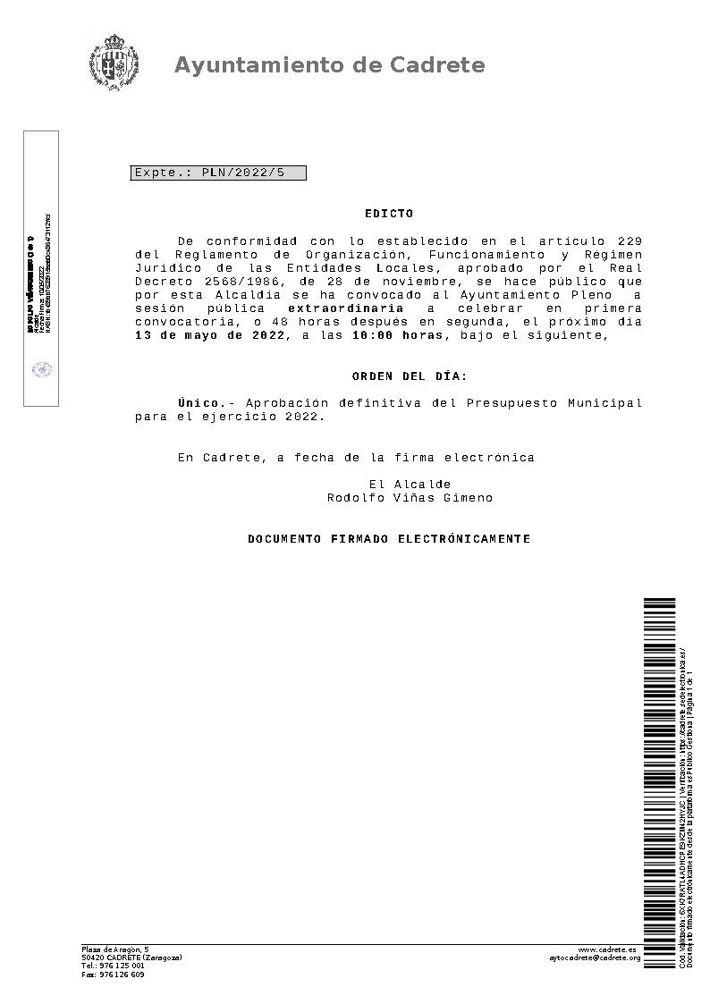 Edicto del Pleno Extraordinario 13 de mayo 2022