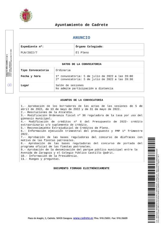 Convocatoria Ordinaria 5 julio 2022