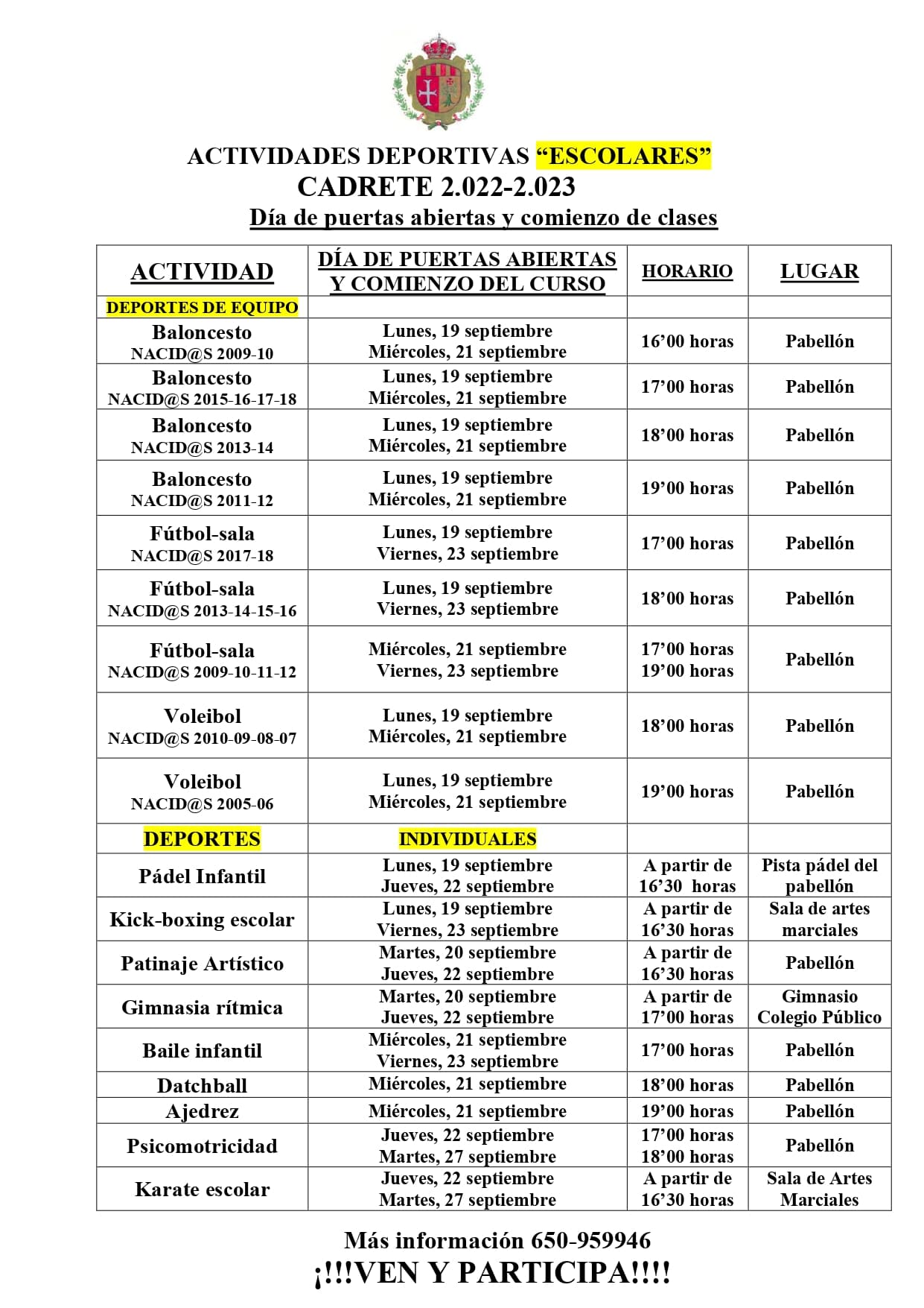 HORARIOS INICIO CURSO TODAS ACTIVIDADES, CADRETE 22-23